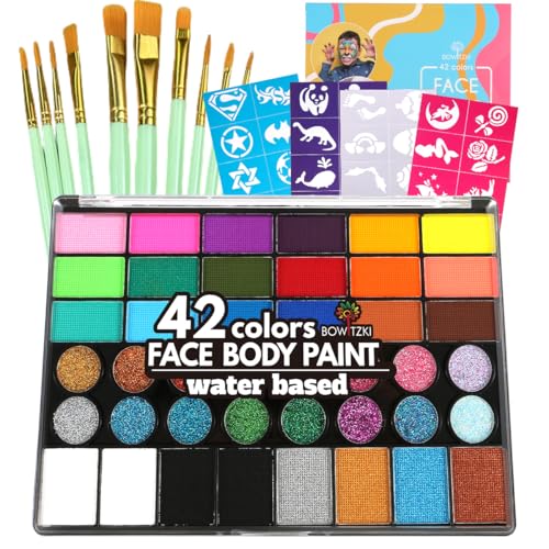 Bowitzki Face Paint Kit,42 Water Based Non Toxic Face Paint with face paint Colors,16 Glitters, 32 Stencils & 10pcs Brushes, Professional Body Face Paint Makeup For Party,Halloween,Carnival,Festival - Image 1
