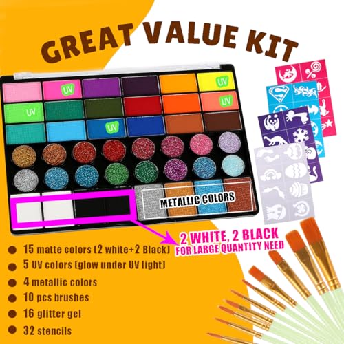 Bowitzki Face Paint Kit,42 Water Based Non Toxic Face Paint with face paint Colors,16 Glitters, 32 Stencils & 10pcs Brushes, Professional Body Face Paint Makeup For Party,Halloween,Carnival,Festival - Image 2