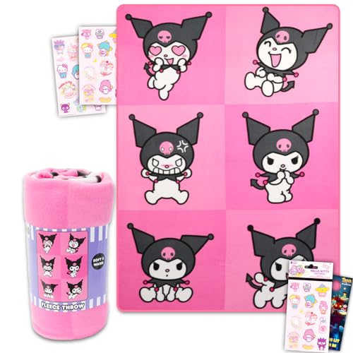 Hello Sanrio Kuromi Blanket Bundle - Kuromi Blanket Throw Bundle with Hello Kitty Stickers and More for Kids Toddlers Children (Hello Kitty Fleece Blanket) 45” x 60” - Image 1