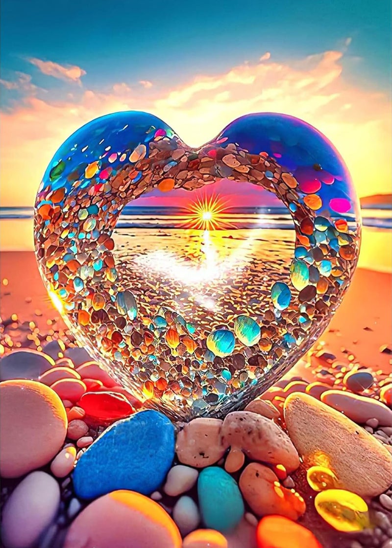 KINPLUB 5D Diamond Painting Kits for Adults, Color Heart Shape Stone Diamond Art Kits for Beginners, DIY Full Round Drill Love Beach Paint with Diamonds Dots Gem Art, Home Wall Decor 12 x 16 Inch - Image 1