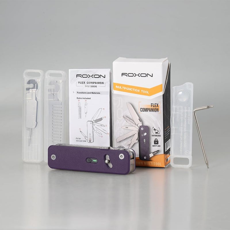 ROXON S503G 9 in 1 Mini Multi Tool EDC Pocket Knife Multitool with G10 Handle,Scissors,Screwdriver,Threader,Awl, Flat Screwdriver,Ruler,Tweezers for Outdoors Fishing Camping,Gifts for Men (Purple) - Image 4