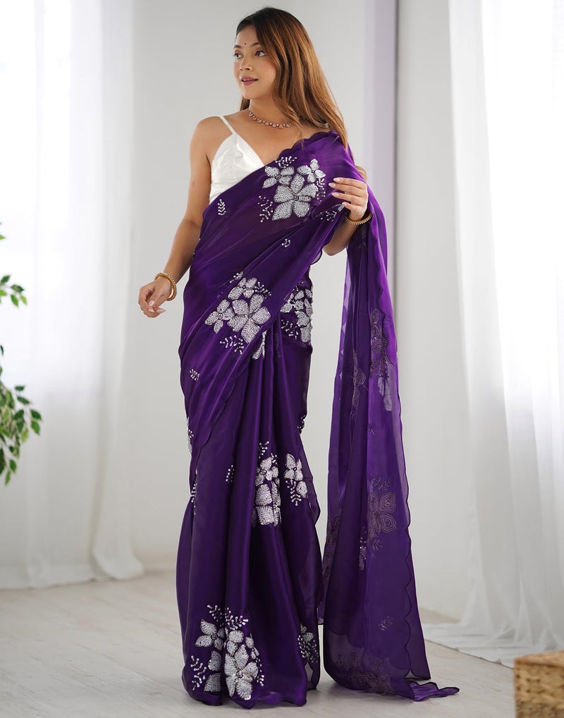 SIRIL Women's Shimmer Chiffon Saree | Sequence Embroidery Saree With Unstitched Blouse Piece (3997S128A_Dark Purple) - Image 3