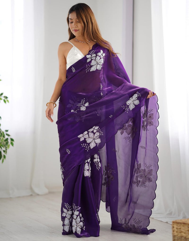 SIRIL Women's Shimmer Chiffon Saree | Sequence Embroidery Saree With Unstitched Blouse Piece (3997S128A_Dark Purple) - Image 2