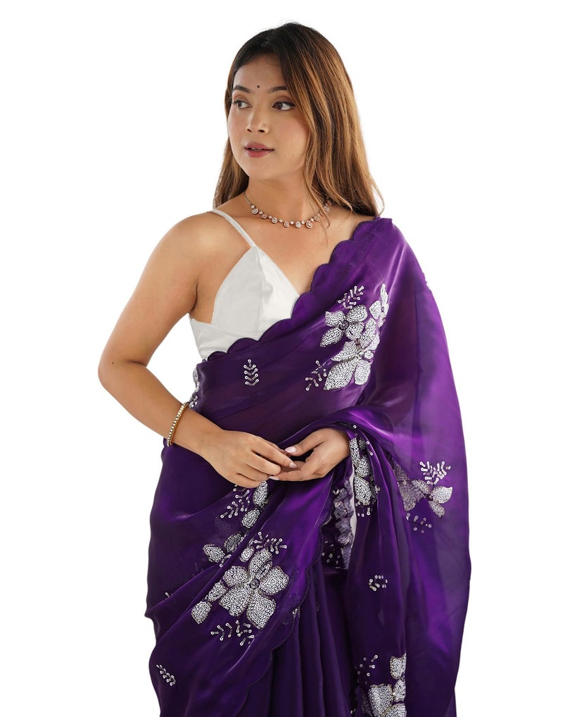 SIRIL Women's Shimmer Chiffon Saree | Sequence Embroidery Saree With Unstitched Blouse Piece (3997S128A_Dark Purple) - Image 1