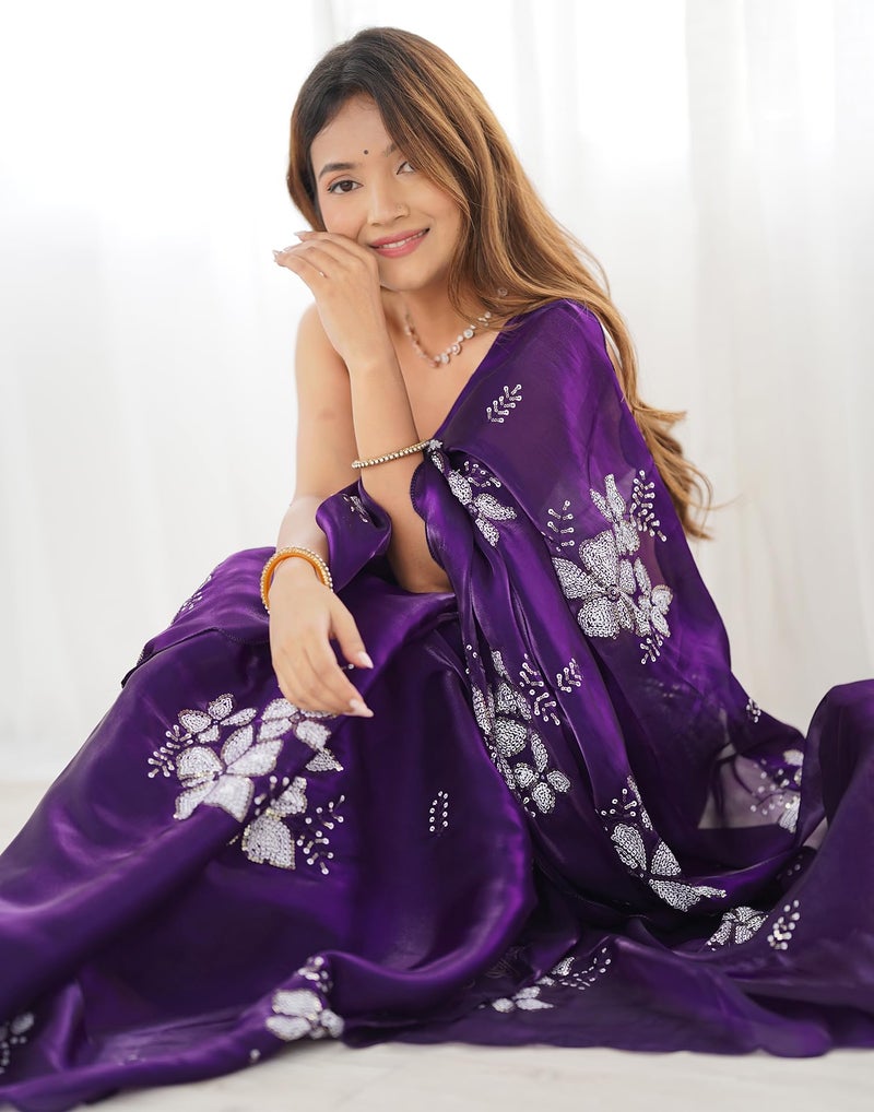 SIRIL Women's Shimmer Chiffon Saree | Sequence Embroidery Saree With Unstitched Blouse Piece (3997S128A_Dark Purple) - Image 4