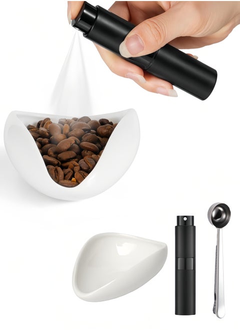 3 Pieces Coffee Bean Weighing Tray, Coffee Bean Spray 10ML, Coffee Spoon,  Ceramic Dosing Vessel, 2 IN 1 Coffee Spoon Clip, Convenient for Home, White/ Silver