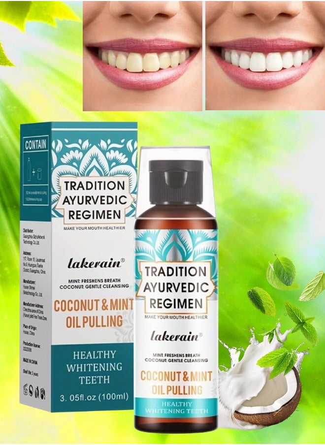 lakerain 100ml Coconut Oil and Peppermint Oil Pulling Whitening Mouthwash Teeth Whitening Oil Pulling Mouthwash Natural Coconut Oil Pulling for Healthier Teeth and Gum Fresh Breath With 7 Natural Pulling Oil  - Image 1