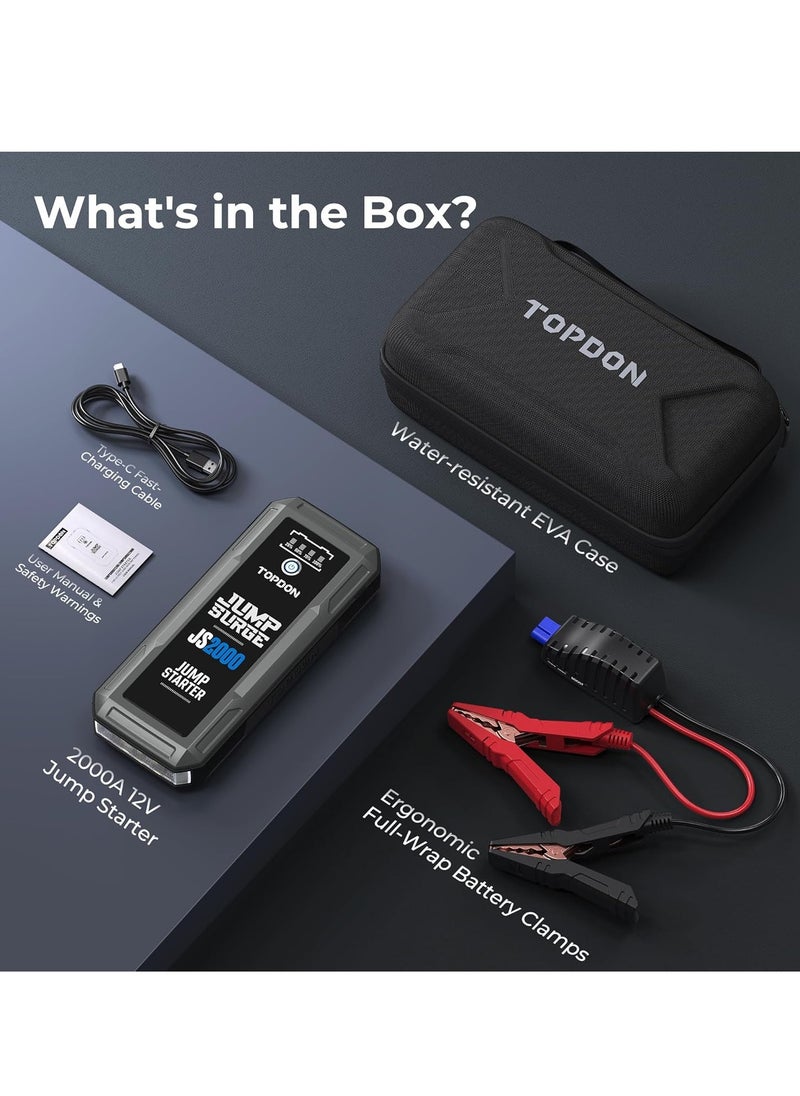 Topdon - TOPDON Car Battery Jump Starter, 2000A Peak Battery Jump Starter for Up to 8L Gas/6L Diesel Engines, 12V Portable Battery Booster Jump Starter Pack with Jumper Cables and EVA Protection Case - Image 1