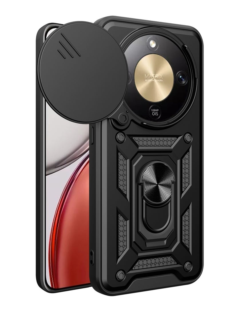 Youque Honor X9d 5G Case, Heavy Duty Shockproof Protection Case with Finger Ring Phone Holder and Camera Lens Protector Slide Window, Phone Protect Case Cover for Honor X9D 5G Black - Image 1