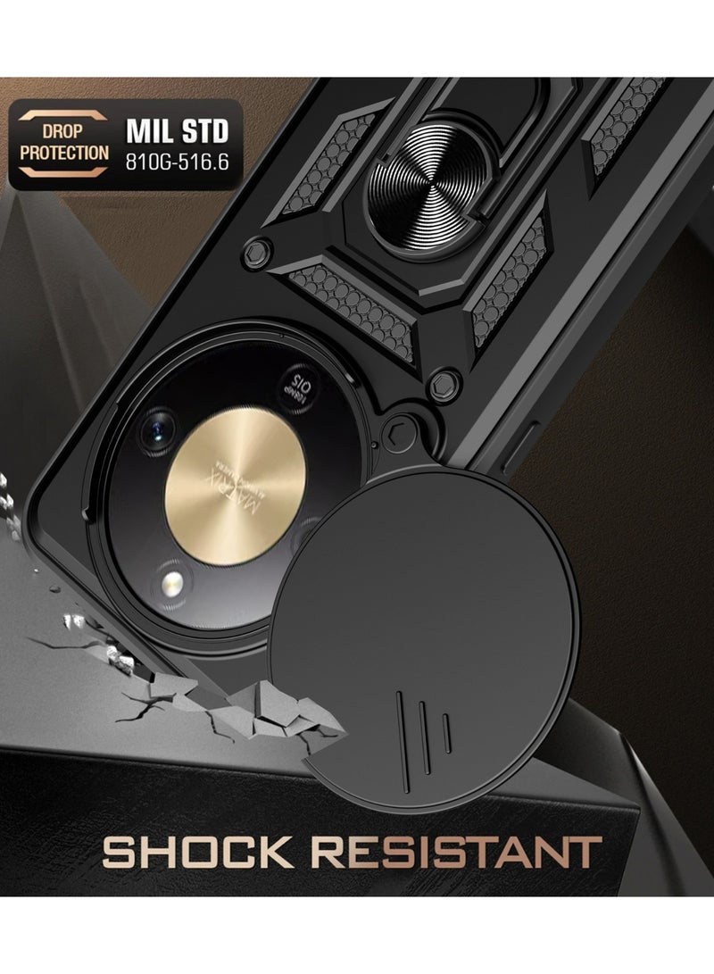 Youque Honor X9d 5G Case, Heavy Duty Shockproof Protection Case with Finger Ring Phone Holder and Camera Lens Protector Slide Window, Phone Protect Case Cover for Honor X9D 5G Black - Image 2