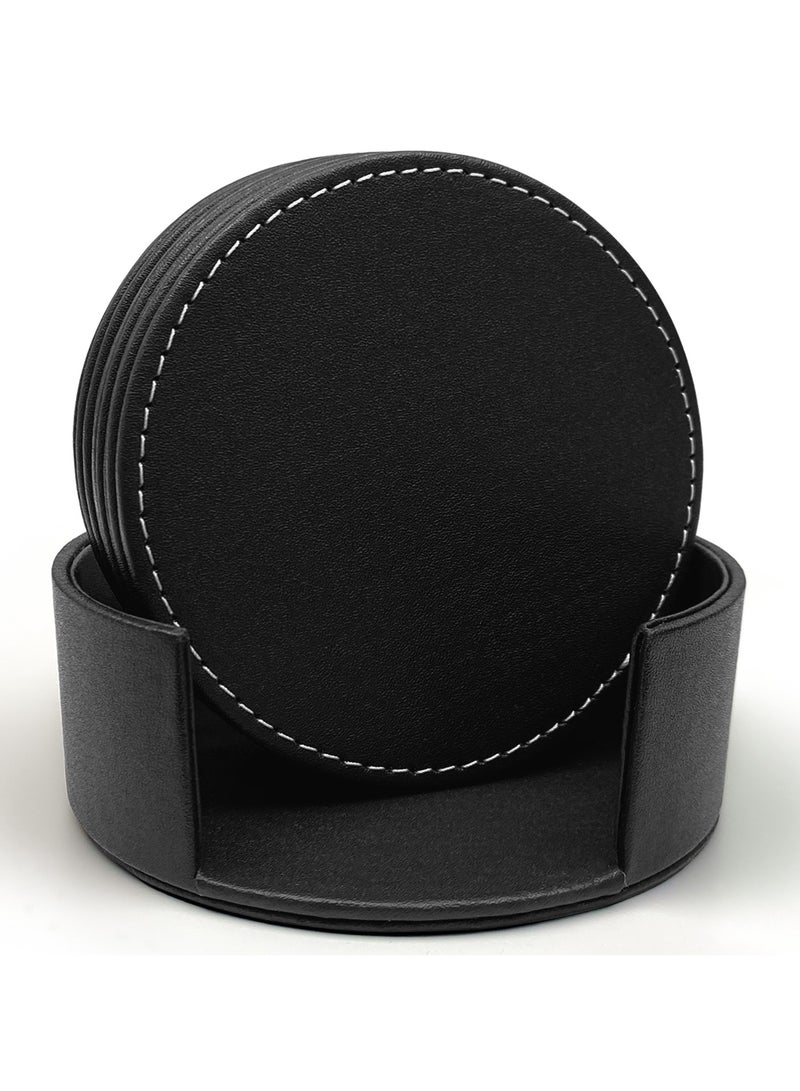 ablieve PU Black Leather Coasters Set of 6 with Holder Coasters for Drinks Heat resistance Mats Coffee Coaster Protect Furniture - Image 1