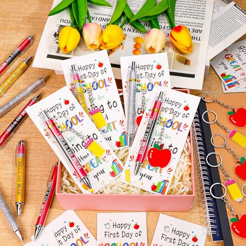 LUYI 54 Pcs Back to School Student Gifts Bulk Ballpoint Pens Apple Pencil Keychains and First Day of School Greeting Cards Gift for Teacher Student Classroom Party Favors Supplies - Image 5