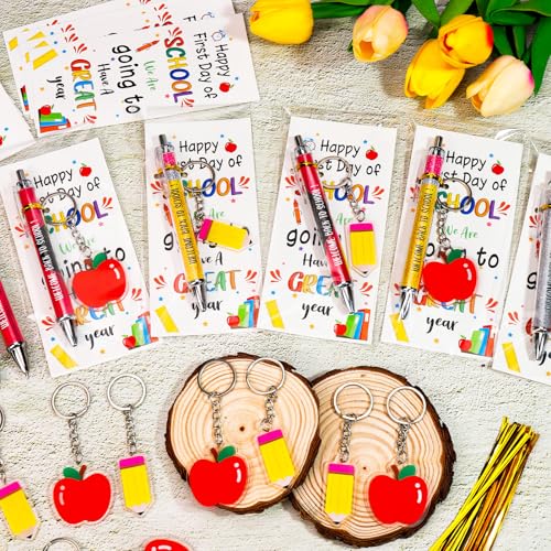 LUYI 54 Pcs Back to School Student Gifts Bulk Ballpoint Pens Apple Pencil Keychains and First Day of School Greeting Cards Gift for Teacher Student Classroom Party Favors Supplies - Image 4