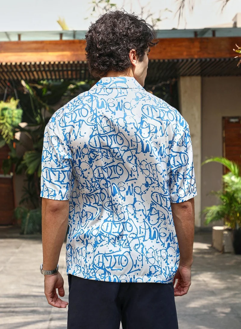 CAHOOT  Men's Azure Blue & Cream White Graffiti Satin Oversized Shirt for Men | Best Price UAE