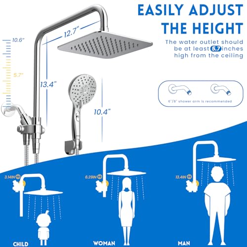 Ryamen Dual Shower Head Combo, 8'' High Pressure Rain Shower Head with Handheld Spray, 6 Settings Handheld Showerhead, 15" Height Adjustable Slide Bar, Angle Adjustable, Chrome Polished - Image 2