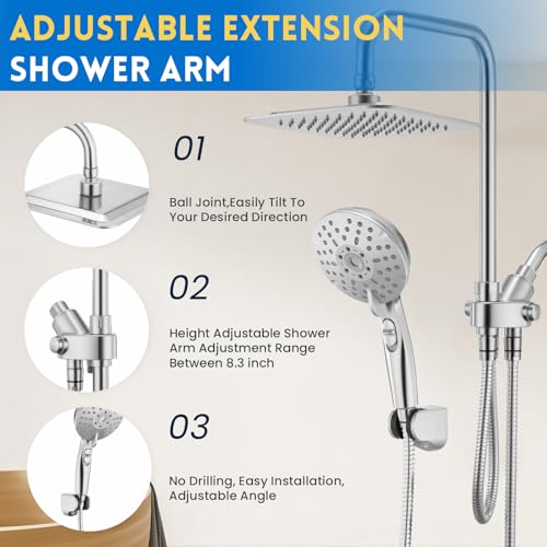 Ryamen Dual Shower Head Combo, 8'' High Pressure Rain Shower Head with Handheld Spray, 6 Settings Handheld Showerhead, 15" Height Adjustable Slide Bar, Angle Adjustable, Chrome Polished - Image 5