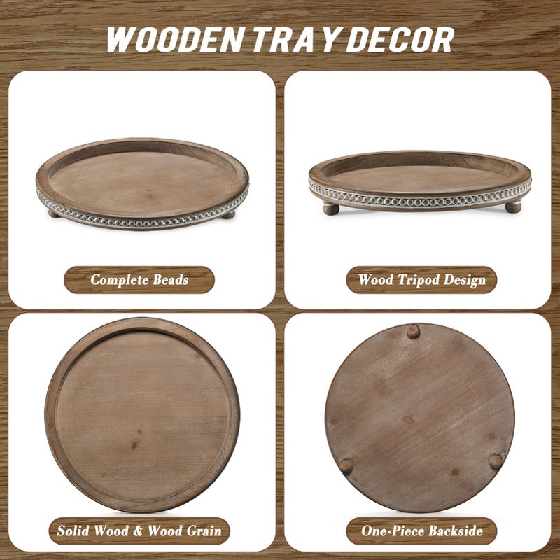 KULEDM Handmade 12 Inch Decorative Tray, Small Beaded Tray Coffee Table Decor, Warm Brown Round Wooden Tray for Coffee Table, Dining Room Table Entryway and Living Room Table - Image 5