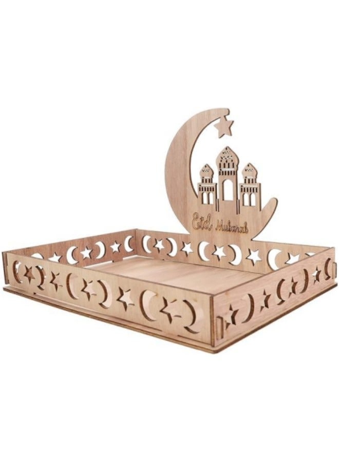GGEROU Wooden Eid Mubarak Boxwood Dessert Tray, Ramadan Kareem Moon Star Shape Tray, Holding Plate Party Serving Tableware with Eid Decoration for Dining Table - Image 1