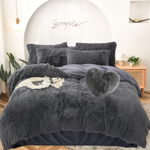 MorroMorn 5 PCS Shaggy Duvet Cover Bedding Set Fluffy Comforter Cover Long Faux Fur Luxury Ultra Soft Cozy Grey FullQueen