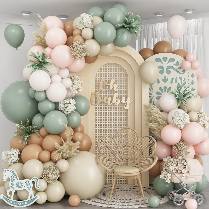 Froova Dusty Green Neutral Balloon Garland Arch Kit, Sage Green Nude Cream Sand White Light Brown Pastel Blush Pink Double Stuffed Balloons for Baby Bridal Shower Wedding Birthday Boho Party Decorations - Image 1