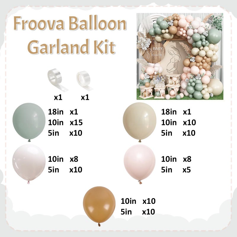 Froova Dusty Green Neutral Balloon Garland Arch Kit, Sage Green Nude Cream Sand White Light Brown Pastel Blush Pink Double Stuffed Balloons for Baby Bridal Shower Wedding Birthday Boho Party Decorations - Image 2
