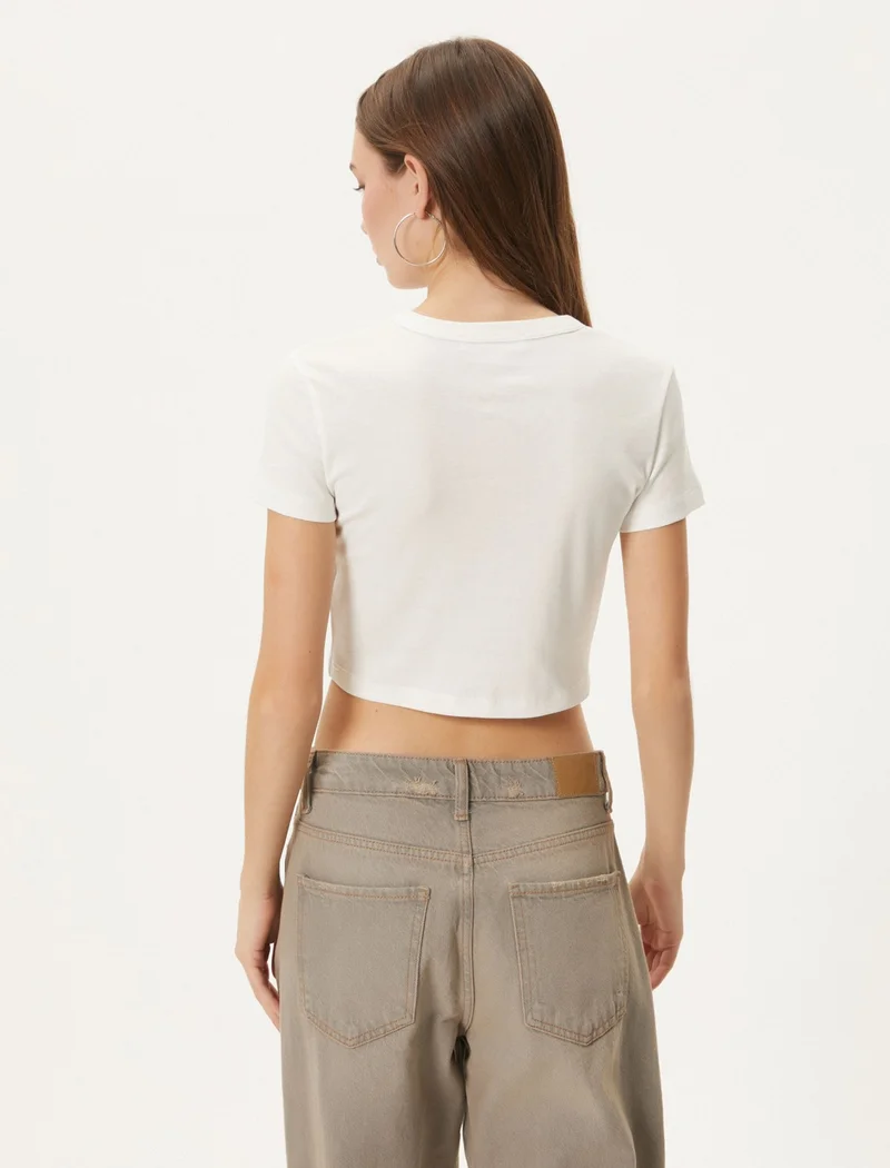KOTON Crop T-Shirt City Themed Printed Short Sleeve Cotton