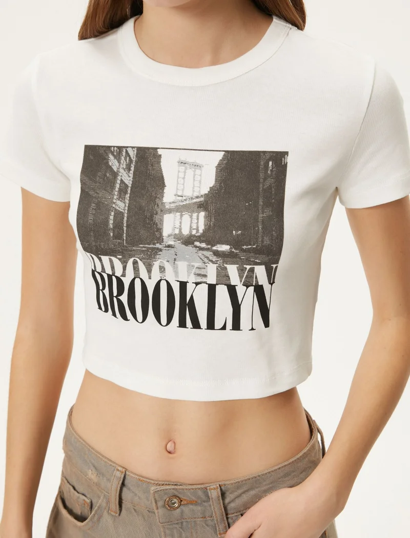 KOTON Crop T-Shirt City Themed Printed Short Sleeve Cotton