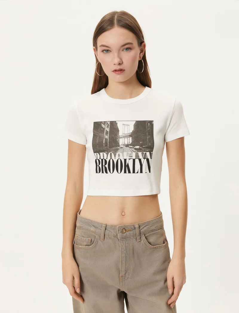 KOTON Crop T-Shirt City Themed Printed Short Sleeve Cotton