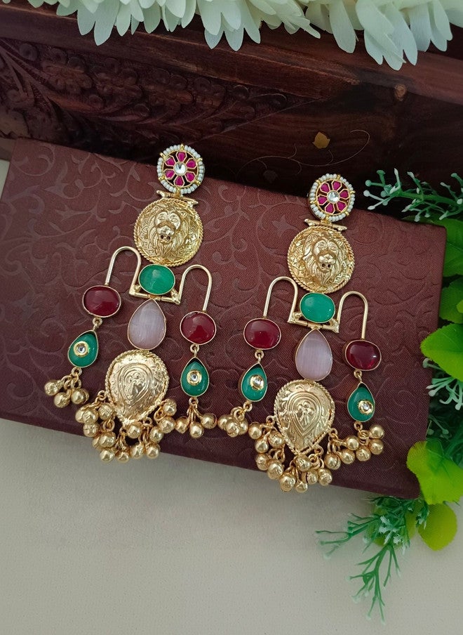 Sanjog أقراط غونغارو كشميرية متدلية مزينة بحجر بوشي كوندان مطلية بالذهب سانجوج - Image 2