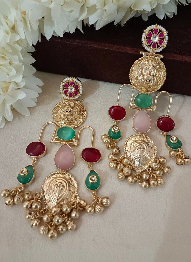 Sanjog أقراط غونغارو كشميرية متدلية مزينة بحجر بوشي كوندان مطلية بالذهب سانجوج - Image 4