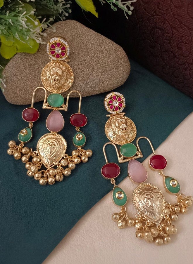 Sanjog أقراط غونغارو كشميرية متدلية مزينة بحجر بوشي كوندان مطلية بالذهب سانجوج - Image 1