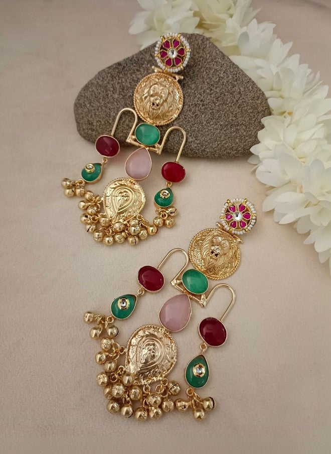 Sanjog أقراط غونغارو كشميرية متدلية مزينة بحجر بوشي كوندان مطلية بالذهب سانجوج - Image 3