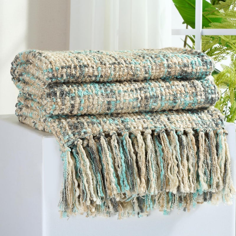 GINAMUSE Multi-Color Blue Grey Cable Woven Throw Blanket for Couch,50"X60" Boho Style Textured Blankets for Home Decor,Super Soft Warm Cozy Chunky Blanket with Decorative Tassels for Bed - Image 1
