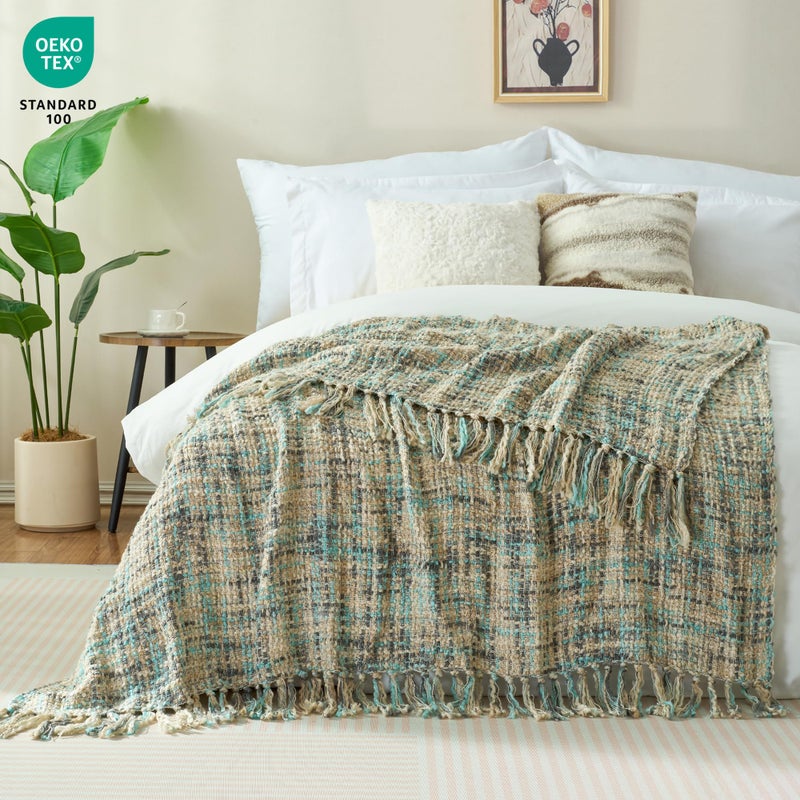 GINAMUSE Multi-Color Blue Grey Cable Woven Throw Blanket for Couch,50"X60" Boho Style Textured Blankets for Home Decor,Super Soft Warm Cozy Chunky Blanket with Decorative Tassels for Bed - Image 2