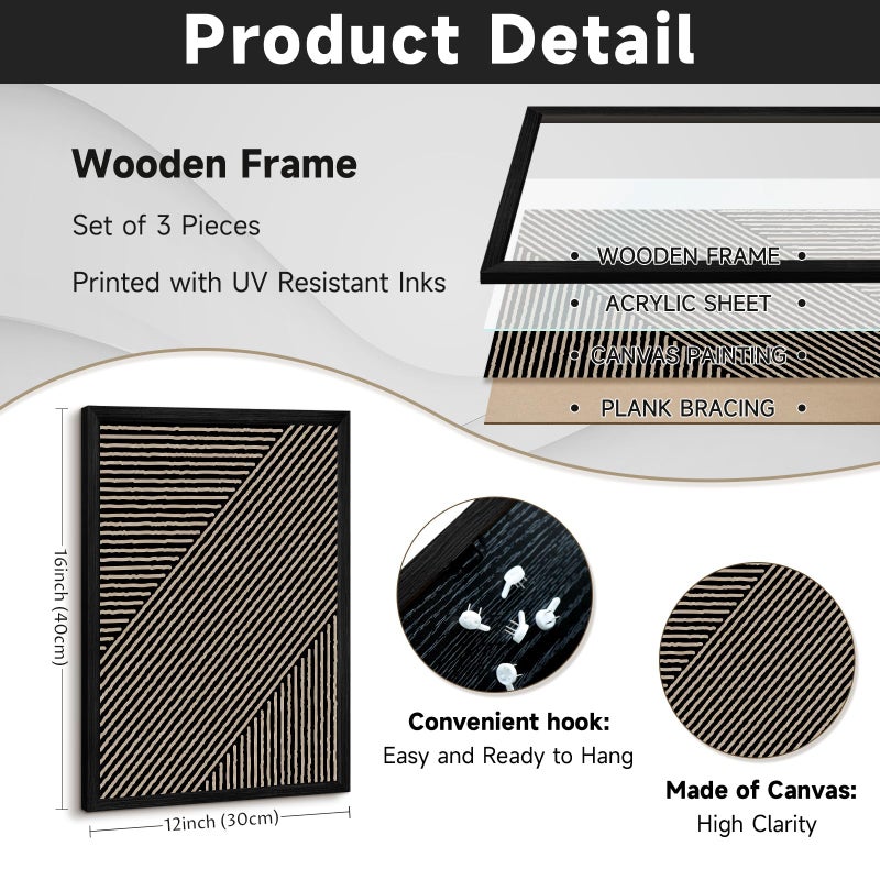 Youillne Boho Modern Wall Art Pictures Neutral Abstract Canvas Wall Decor Minimalist Line Wall Art Beige Brown Black Poster Mid Century Painting Artwork for Living Room Bedroom 12x16x3 Inch Wood Framed - Image 2
