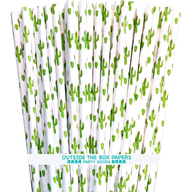 Outside the Box Papers Cactus Themed Paper Straws  Green White Succulents  100 Pack