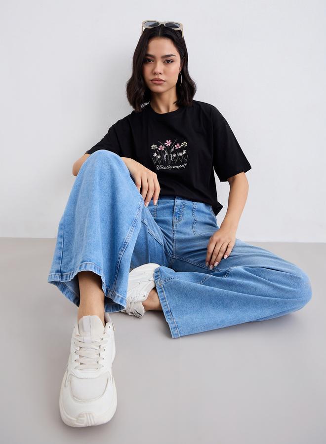 Styli High Rise Wide Leg Washed Out Jeans - Image 5