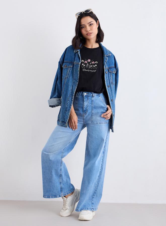 Styli High Rise Wide Leg Washed Out Jeans - Image 1