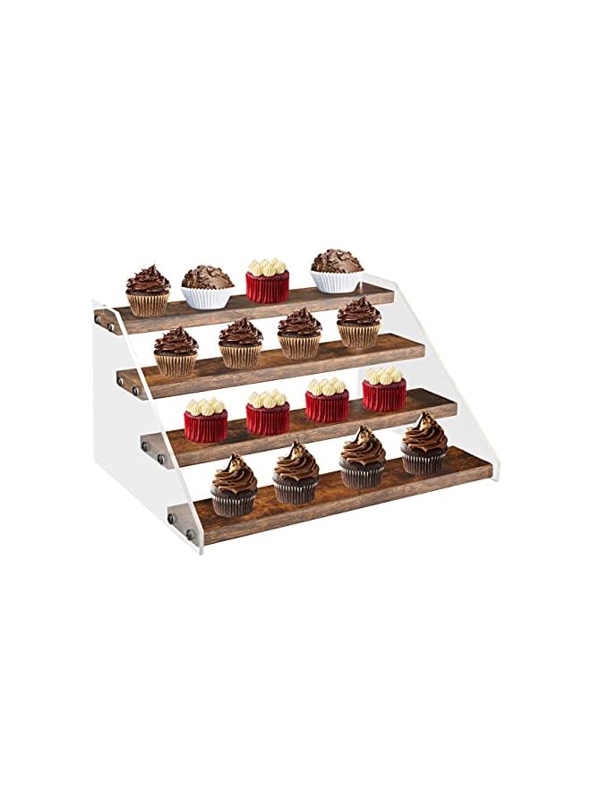 The Bros Wood Display Stand, 4 Tier Clear Acrylic Display Shelf Riser Organizer for Vendors, Pop Figures, Cupcakes, Collectibles Storage, Rustic Brown and Black - Image 3