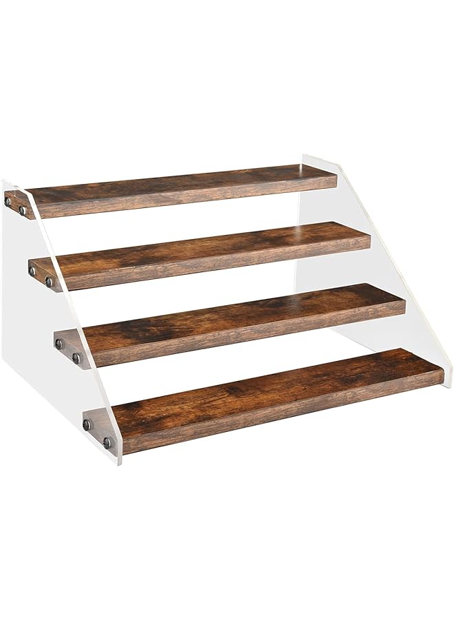 The Bros Wood Display Stand, 4 Tier Clear Acrylic Display Shelf Riser Organizer for Vendors, Pop Figures, Cupcakes, Collectibles Storage, Rustic Brown and Black - Image 1