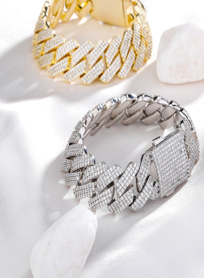 TOPGRILLZ Cuban Bracelet Men Gold Diamond Cuban Bracelet for Women 3Row 20mm Miami Gold Jewelry 14K Gold Plated Iced outStraight Edge Rapper Costume£¨Silver, 7.5IN - Image 3