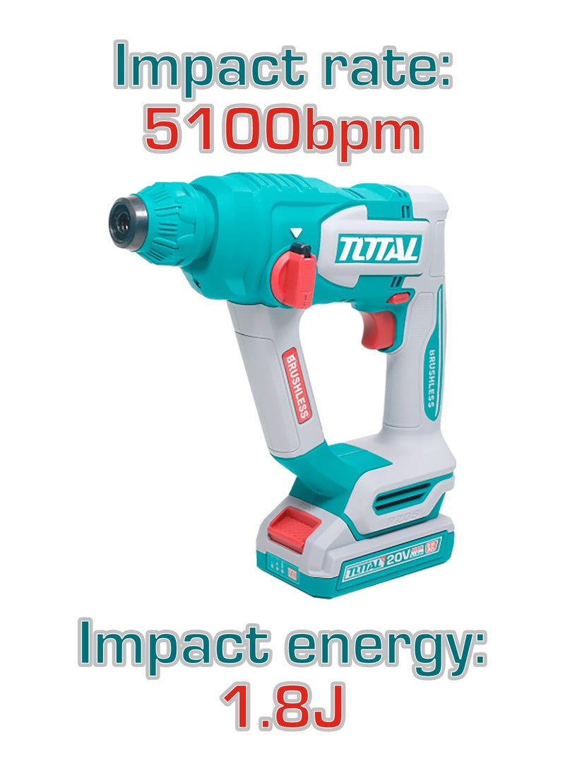 توتال مطرقة دوارة لاسلكية بدون فرشات توتال 20 فولت (1.8 جول) - مثقاب خرسانة SDS Plus بسعة 18 مم، 5100 ضربة في الدقيقة، بطارية 2.0 أمبير/ساعة، شاحن و3 رؤوس مثقاب - TRHLI201881 - Image 5