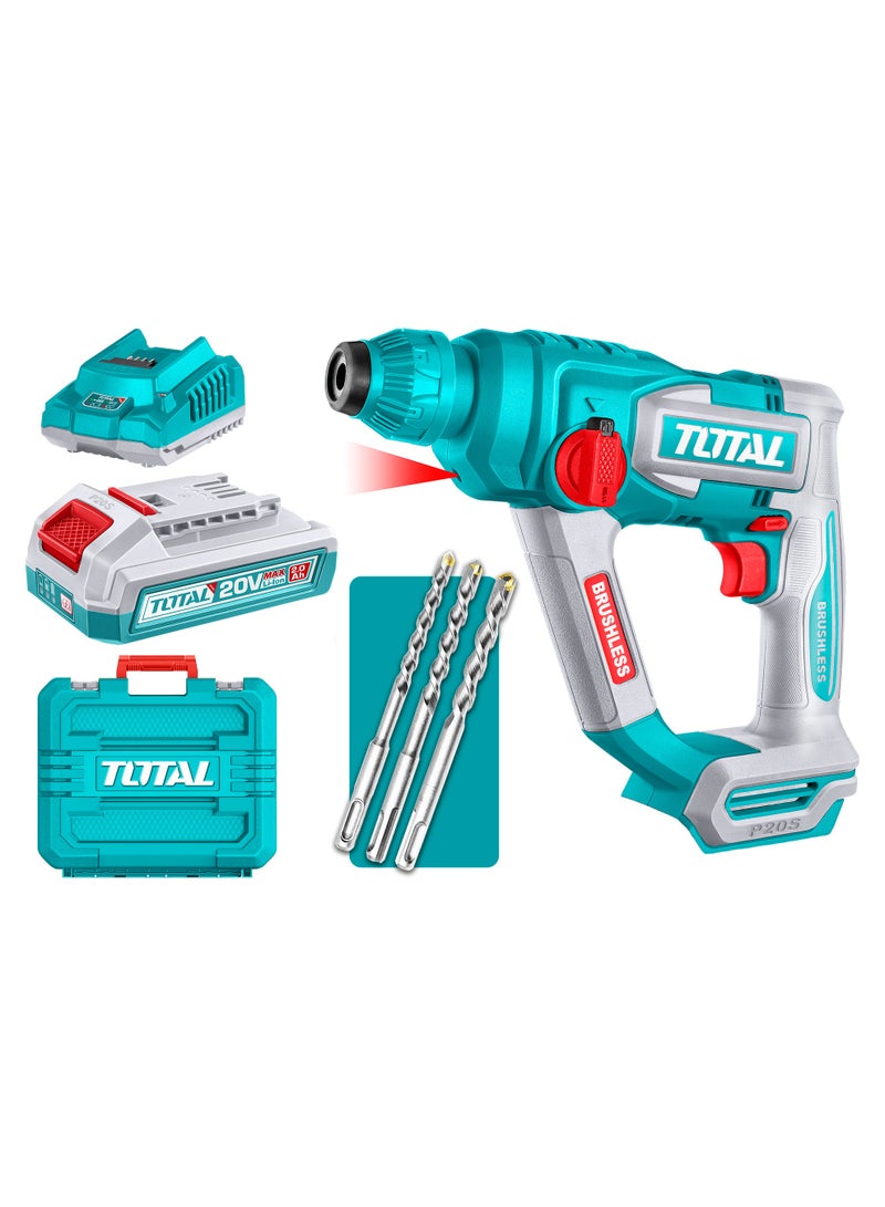 توتال مطرقة دوارة لاسلكية بدون فرشات توتال 20 فولت (1.8 جول) - مثقاب خرسانة SDS Plus بسعة 18 مم، 5100 ضربة في الدقيقة، بطارية 2.0 أمبير/ساعة، شاحن و3 رؤوس مثقاب - TRHLI201881 - Image 1