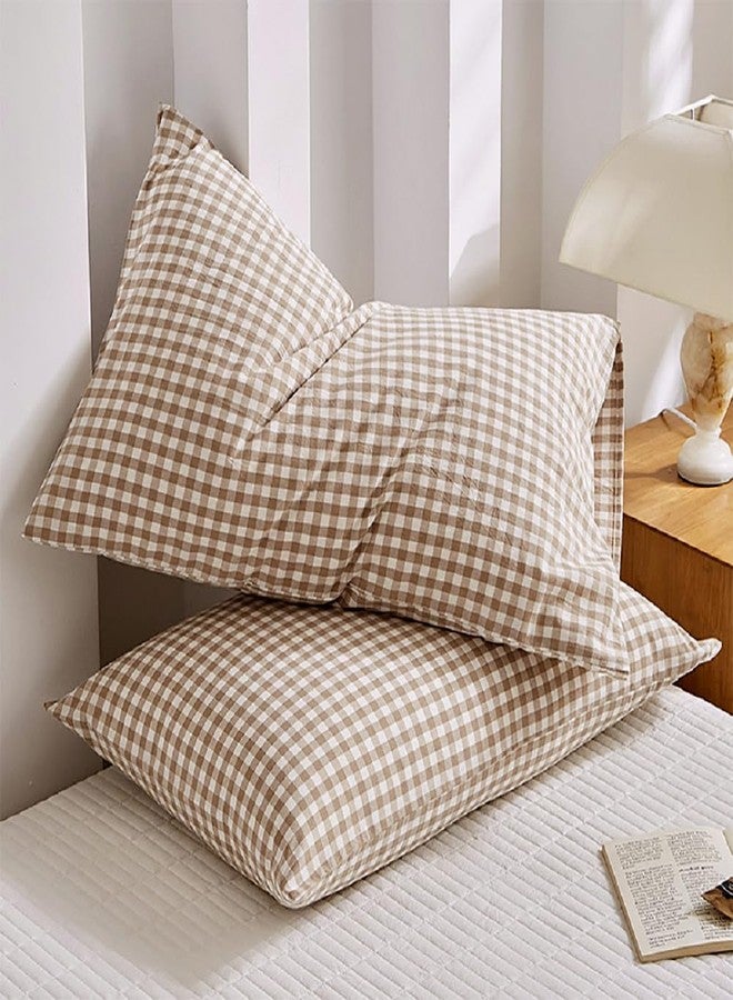 LifeTB Tan Gingham Pillowcases Set Farmhouse Standard Size Pillow Shams Buffalo Taupe Plaid Pillowcases Set of 2, Grid Checkered Gingham Washed Cotton Pillow Covers with Envelope Closure, 20"×26" - Image 2