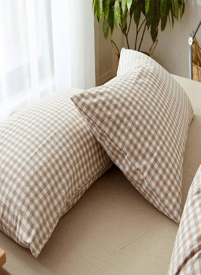 LifeTB Tan Gingham Pillowcases Set Farmhouse Standard Size Pillow Shams Buffalo Taupe Plaid Pillowcases Set of 2, Grid Checkered Gingham Washed Cotton Pillow Covers with Envelope Closure, 20"×26" - Image 4