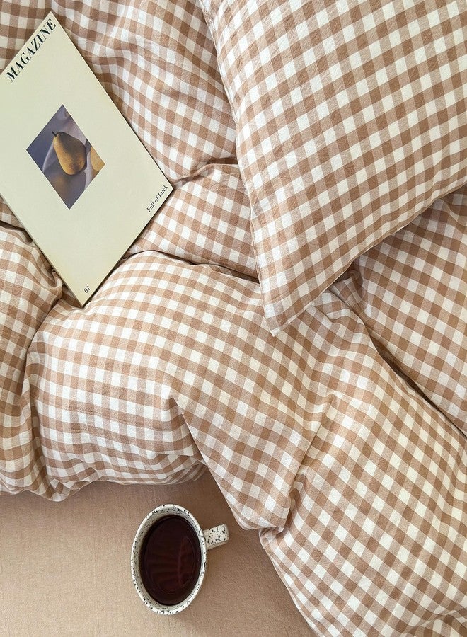 LifeTB Tan Gingham Pillowcases Set Farmhouse Standard Size Pillow Shams Buffalo Taupe Plaid Pillowcases Set of 2, Grid Checkered Gingham Washed Cotton Pillow Covers with Envelope Closure, 20"×26" - Image 5