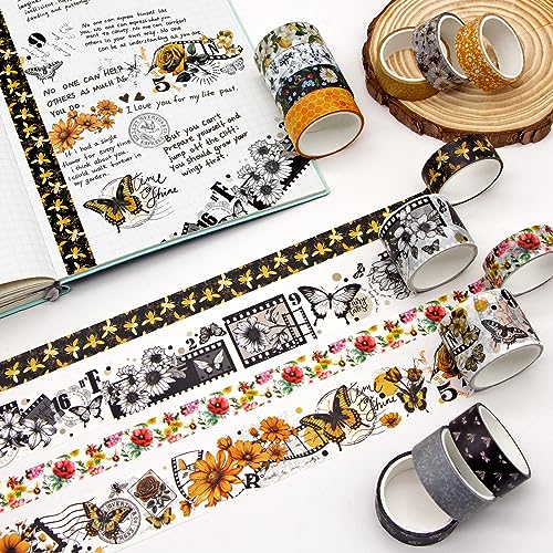 KOVANO Washi Tape Set 14 Rolls, Vintage Bee Floral Butterfly Botanical Washi Tape, Yellow Black Decorative Tapes for Scrapbooking Supplies, Junk Journal, Bullet Journaling, Art Crafts - Image 3