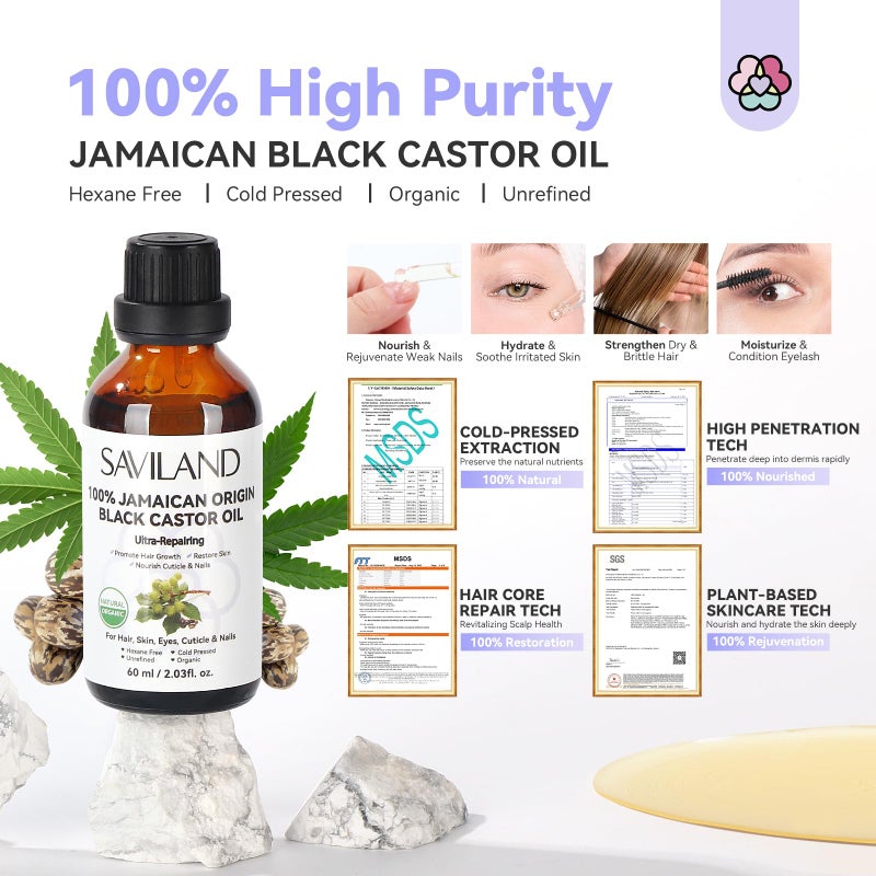 SAVILAND Jamaican Black Castor Oil Organic Cold Pressed Unrefined: 100% Pure and Natural Castor Oil for Hair Growth Eyebrows Face Skin Care Cuticle Nourish Massager Tools Home Care 60ML - Image 4