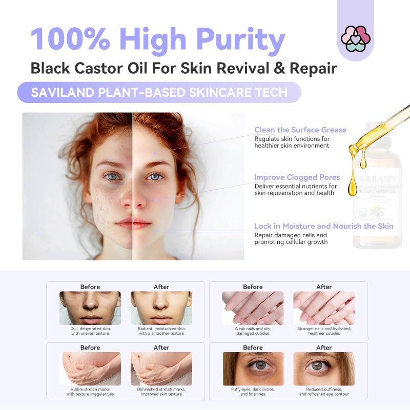 SAVILAND Jamaican Black Castor Oil Organic Cold Pressed Unrefined: 100% Pure and Natural Castor Oil for Hair Growth Eyebrows Face Skin Care Cuticle Nourish Massager Tools Home Care 60ML - Image 3