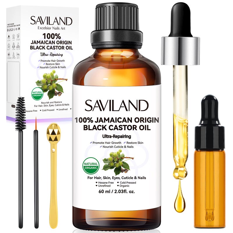 SAVILAND Jamaican Black Castor Oil Organic Cold Pressed Unrefined: 100% Pure and Natural Castor Oil for Hair Growth Eyebrows Face Skin Care Cuticle Nourish Massager Tools Home Care 60ML - Image 1